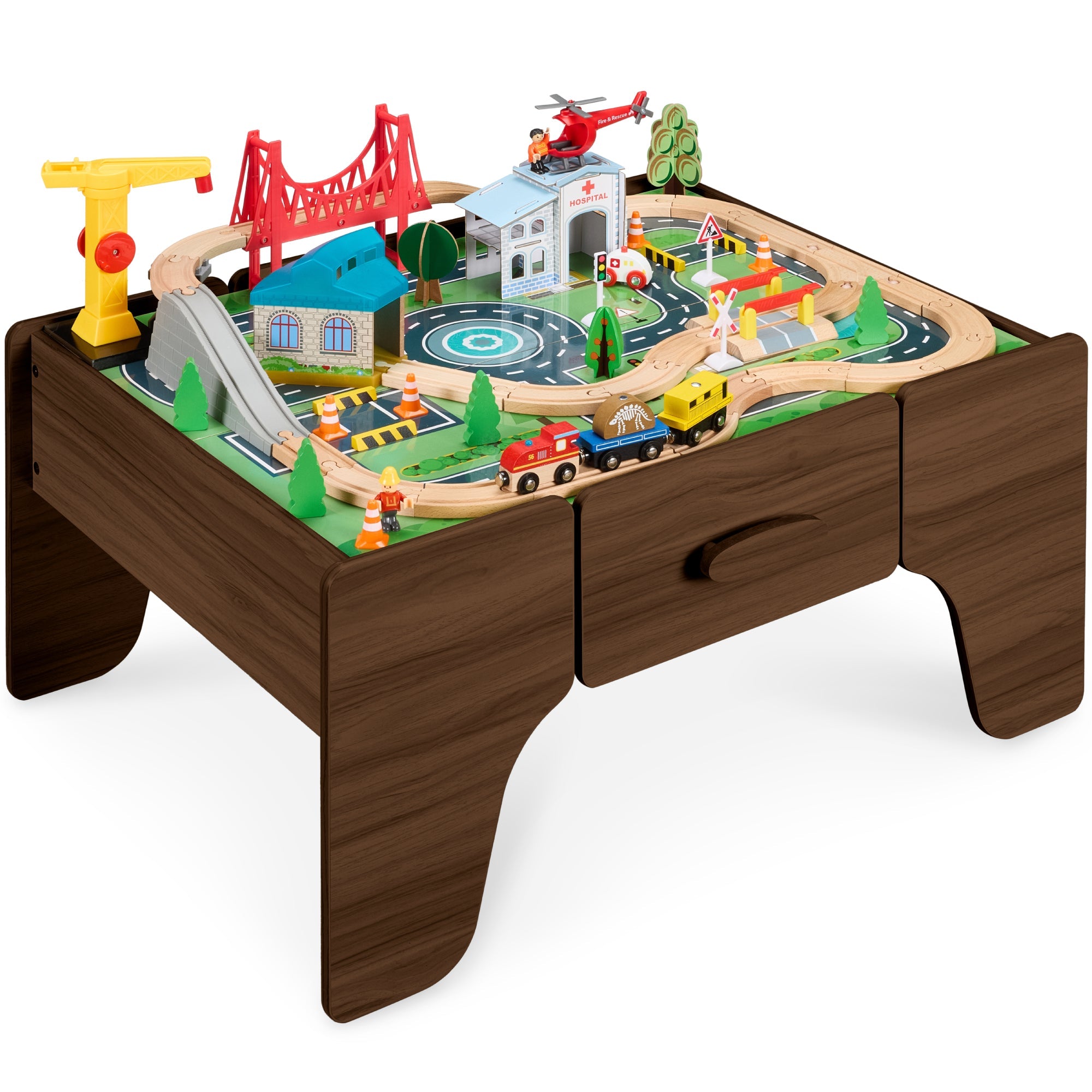 56 Piece Wooden Train Set Table for Kids with Toy Storage Drawer with fun features for everyday play
