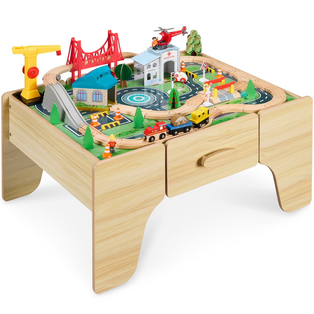56 Piece Wooden Train Set Table for Kids with Toy Storage Drawer with fun features for everyday play