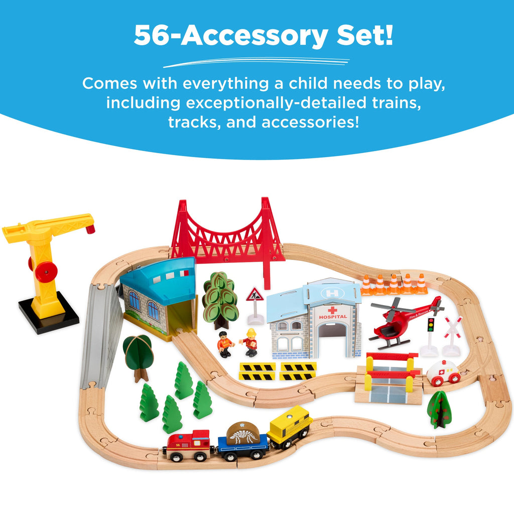 56 Piece Wooden Train Set Table for Kids with Toy Storage Drawer with fun features for everyday play