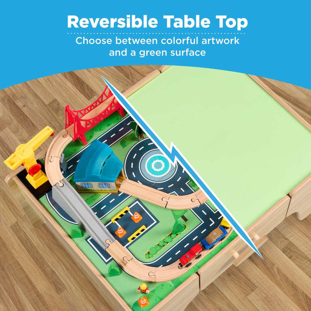 56 Piece Wooden Train Set Table for Kids with Toy Storage Drawer with fun features for everyday play