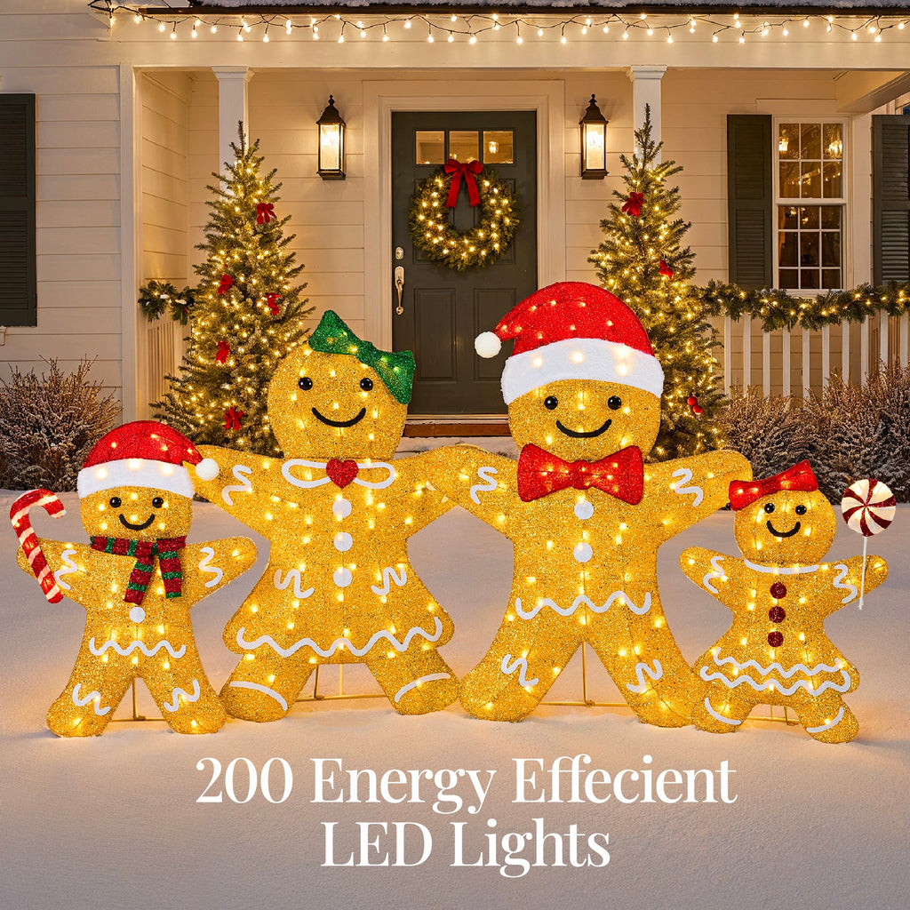 4pc Gingerbread Man Family 4ft Pre-lit Christmas Yard Decor with eye-catching holiday style