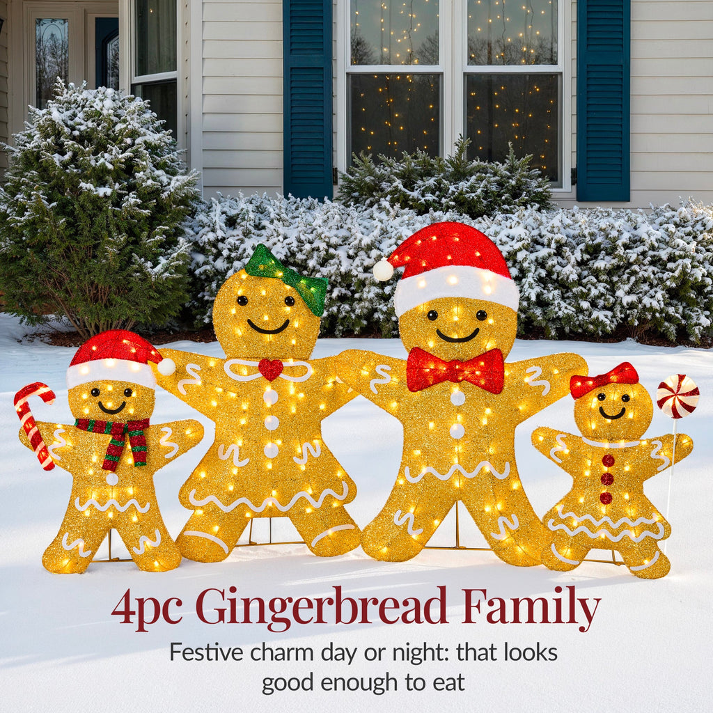 4pc Gingerbread Man Family 4ft Pre-lit Christmas Yard Decor with eye-catching holiday style