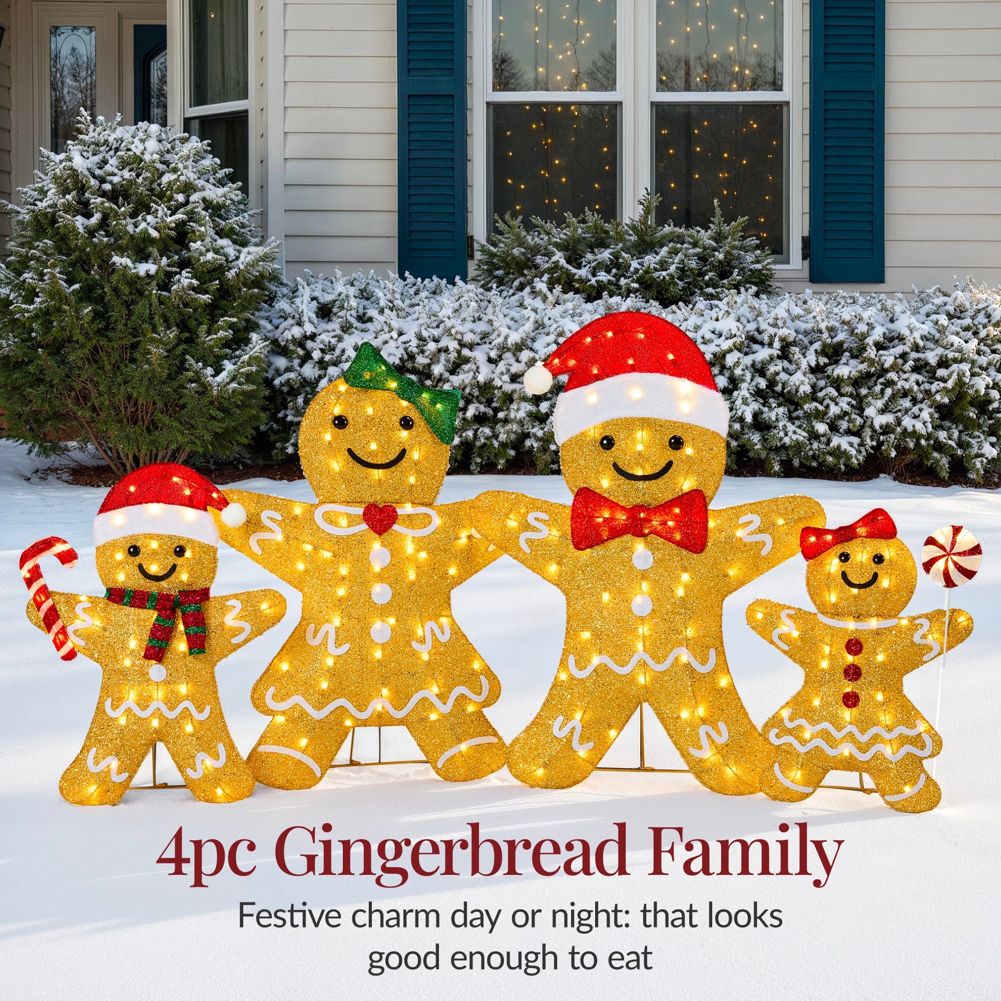 4pc Gingerbread Man Family 4ft Pre-lit Christmas Yard Decor with eye-catching holiday style