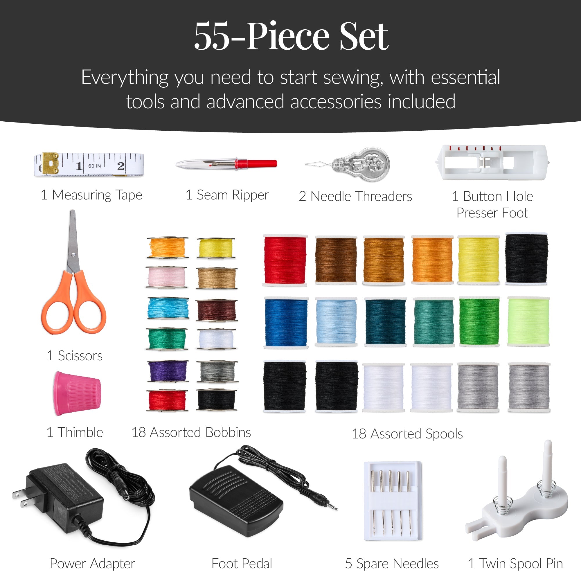 55-Piece Sewing Machine Kit for Beginners with 16 Stitch Patterns for home, family, and everyday needs