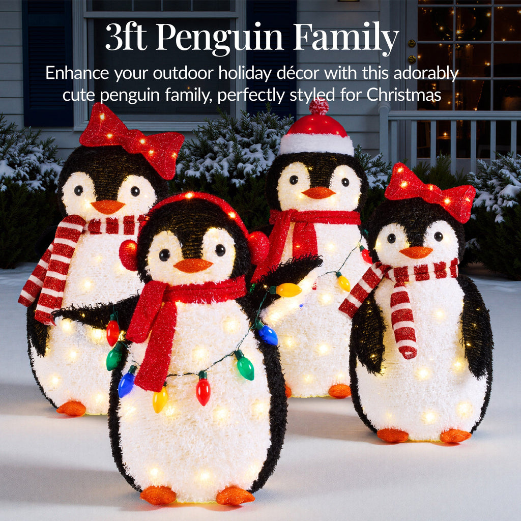 4pc Lighted Pop-Up Penguin Family Christmas Decoration with 300 Lights - 3ft for indoor and outdoor holiday displays