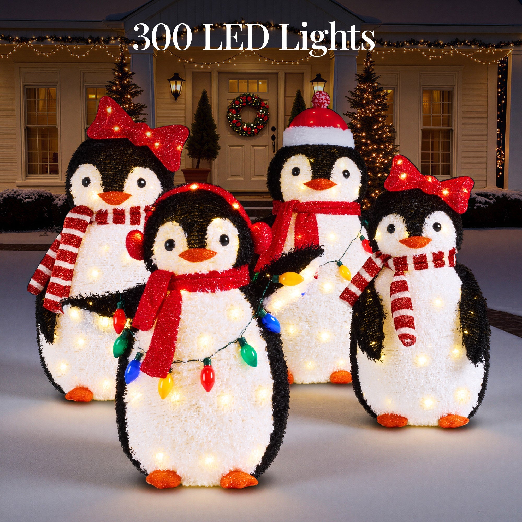 4pc Lighted Pop-Up Penguin Family Christmas Decoration with 300 Lights - 3ft for indoor and outdoor holiday displays