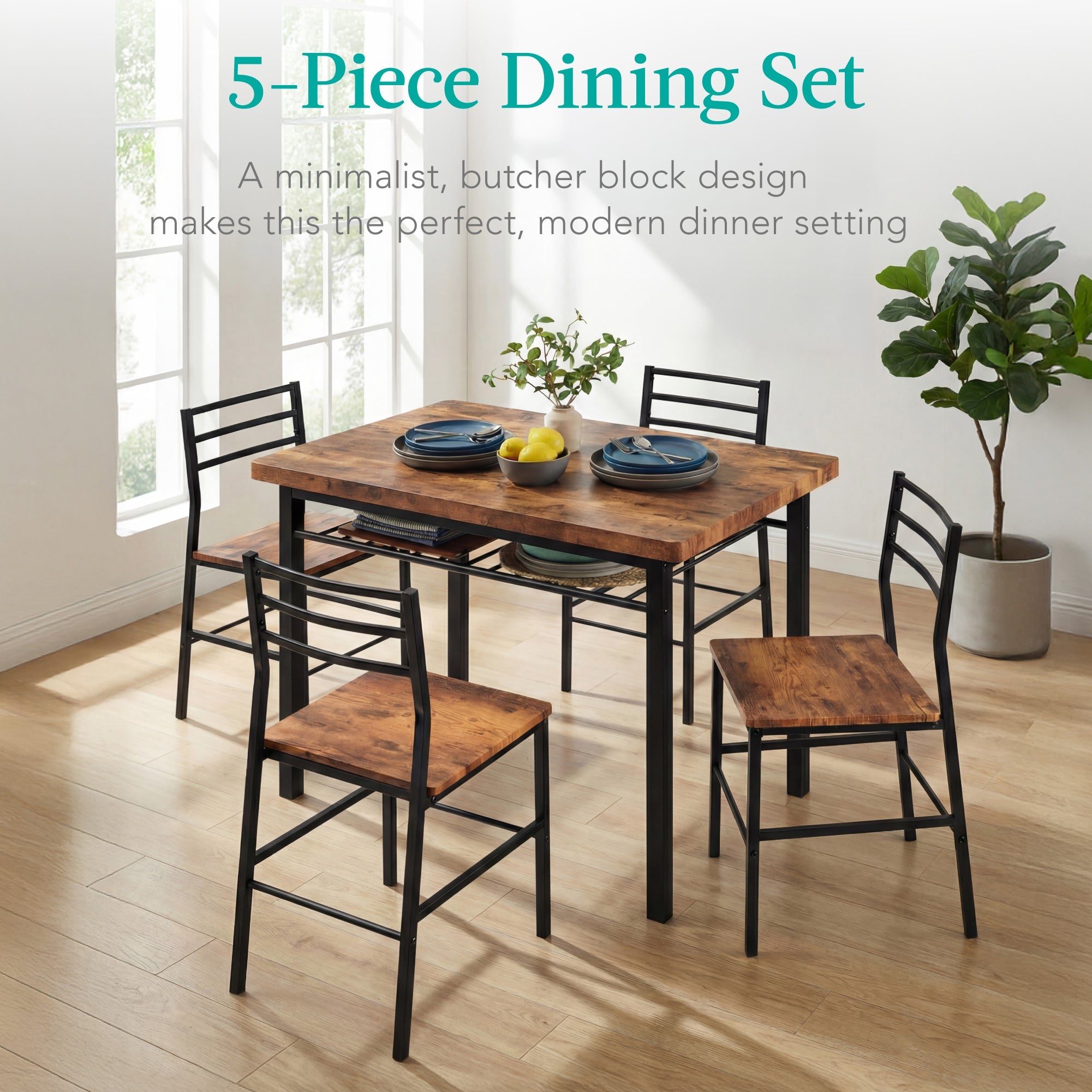 5-Piece Modern Dining Set Kitchen Table with 4 Matching Chairs and Storage Rack with practical style for home spaces