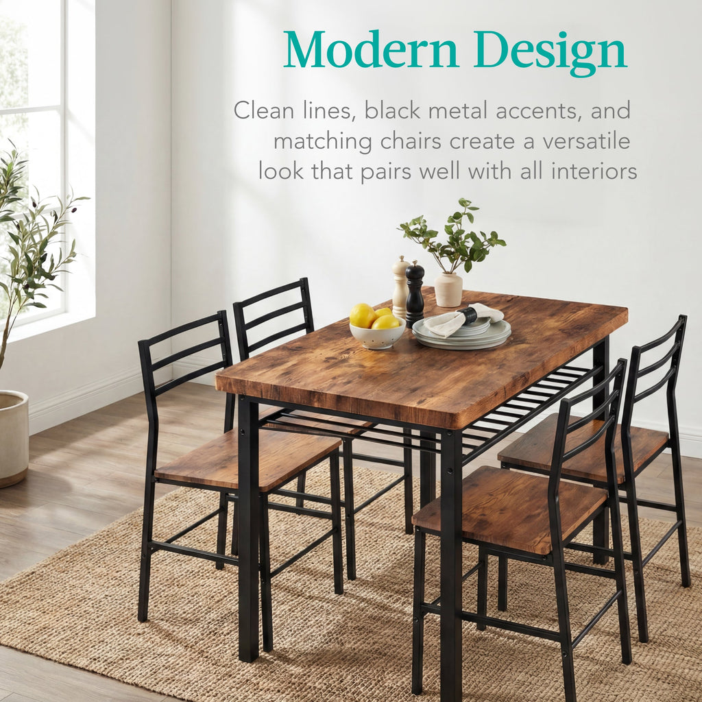 5-Piece Modern Dining Set Kitchen Table with 4 Matching Chairs and Storage Rack with practical style for home spaces