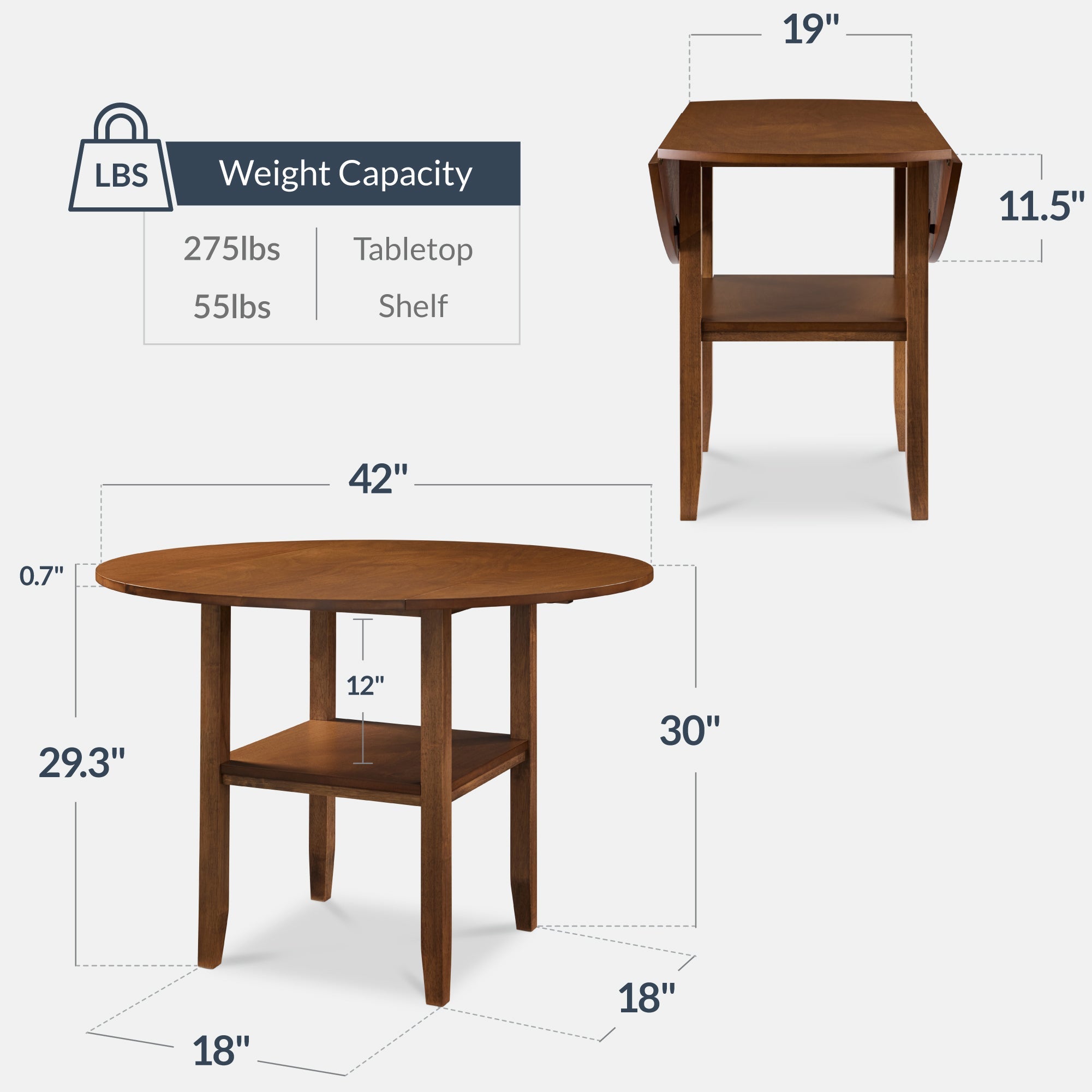 42\" Round Drop Leaf Dining Table For 4 Solid Wood Table with Storage Shelf designed for everyday comfort and storage