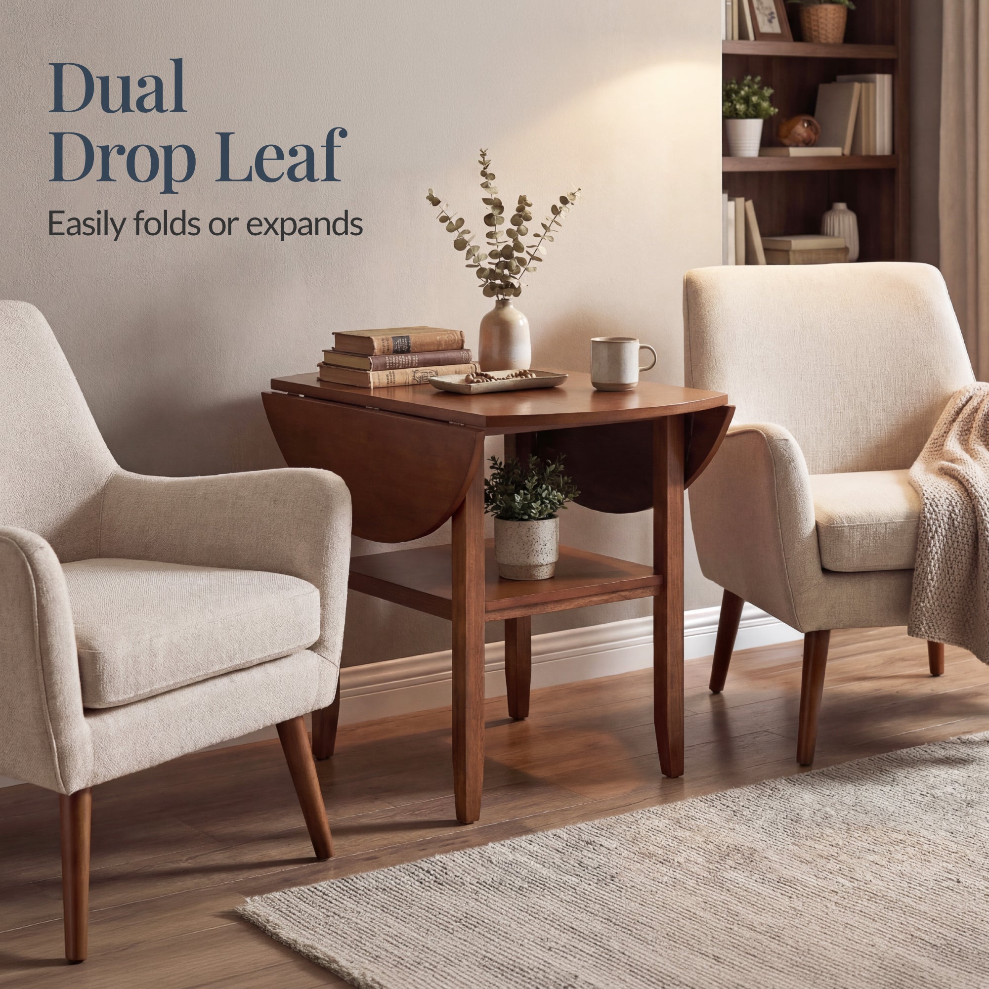 42\" Round Drop Leaf Dining Table For 4 Solid Wood Table with Storage Shelf designed for everyday comfort and storage