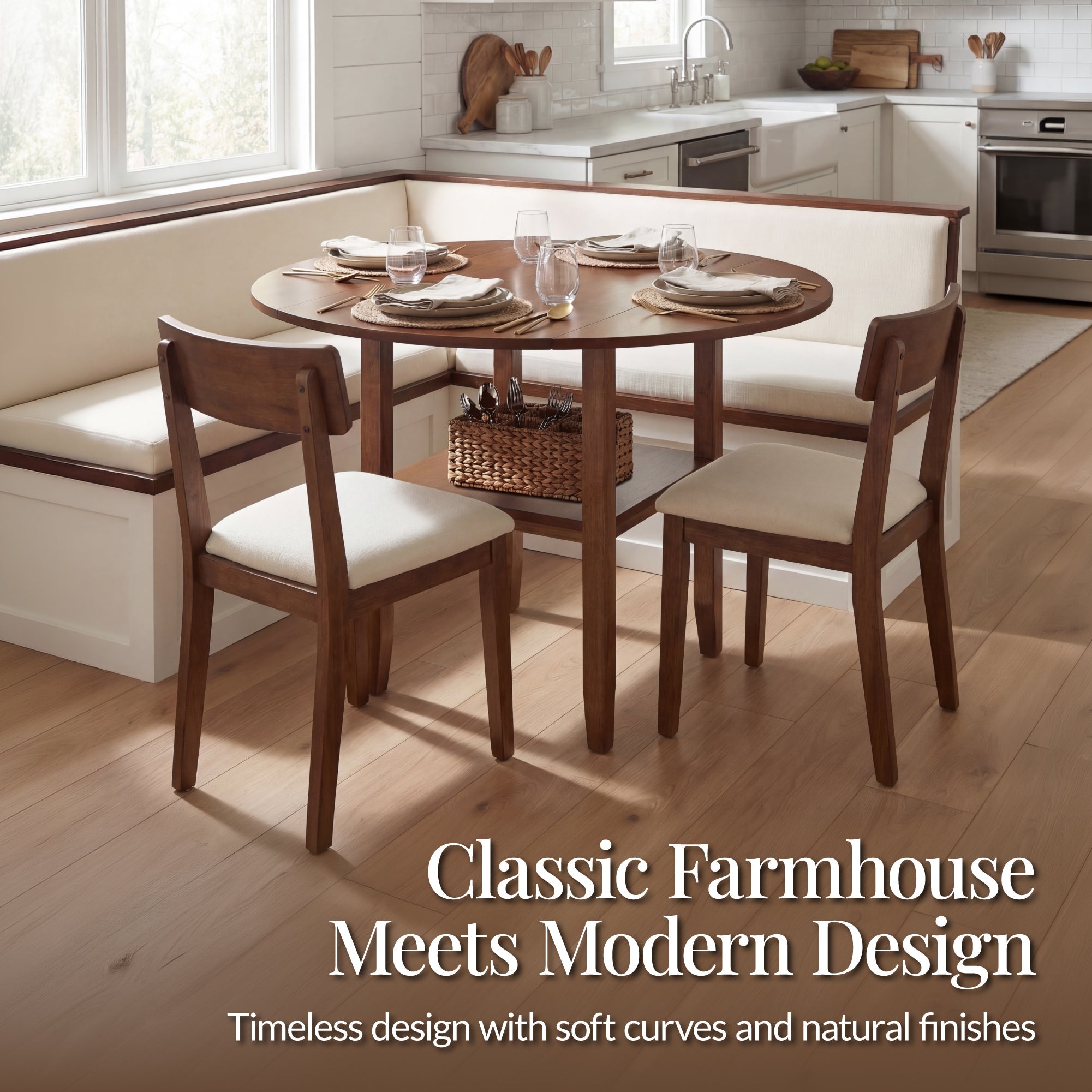 42\" Round Drop Leaf Dining Table For 4 Solid Wood Table with Storage Shelf designed for everyday comfort and storage