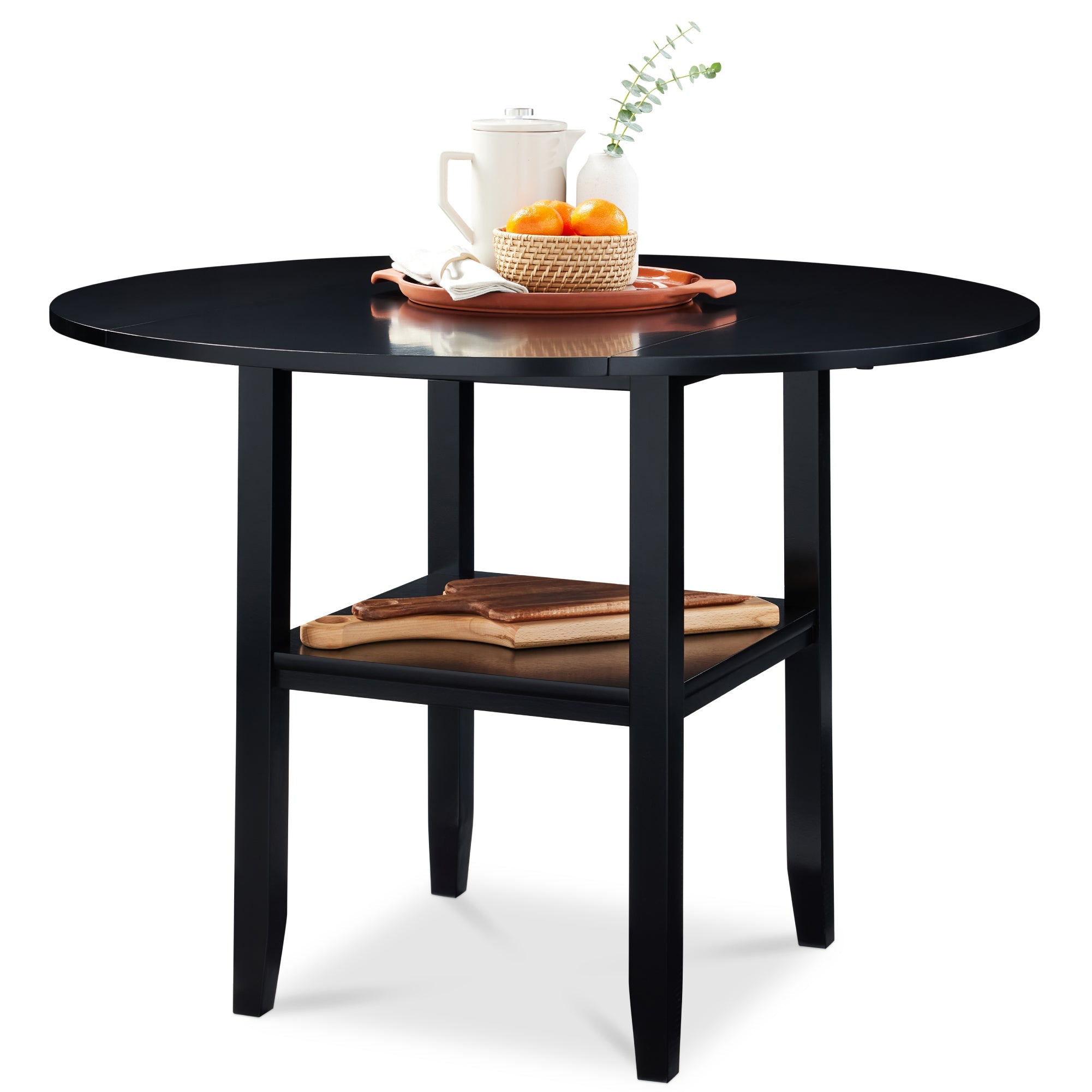 42\" Round Drop Leaf Dining Table For 4 Solid Wood Table with Storage Shelf designed for everyday comfort and storage