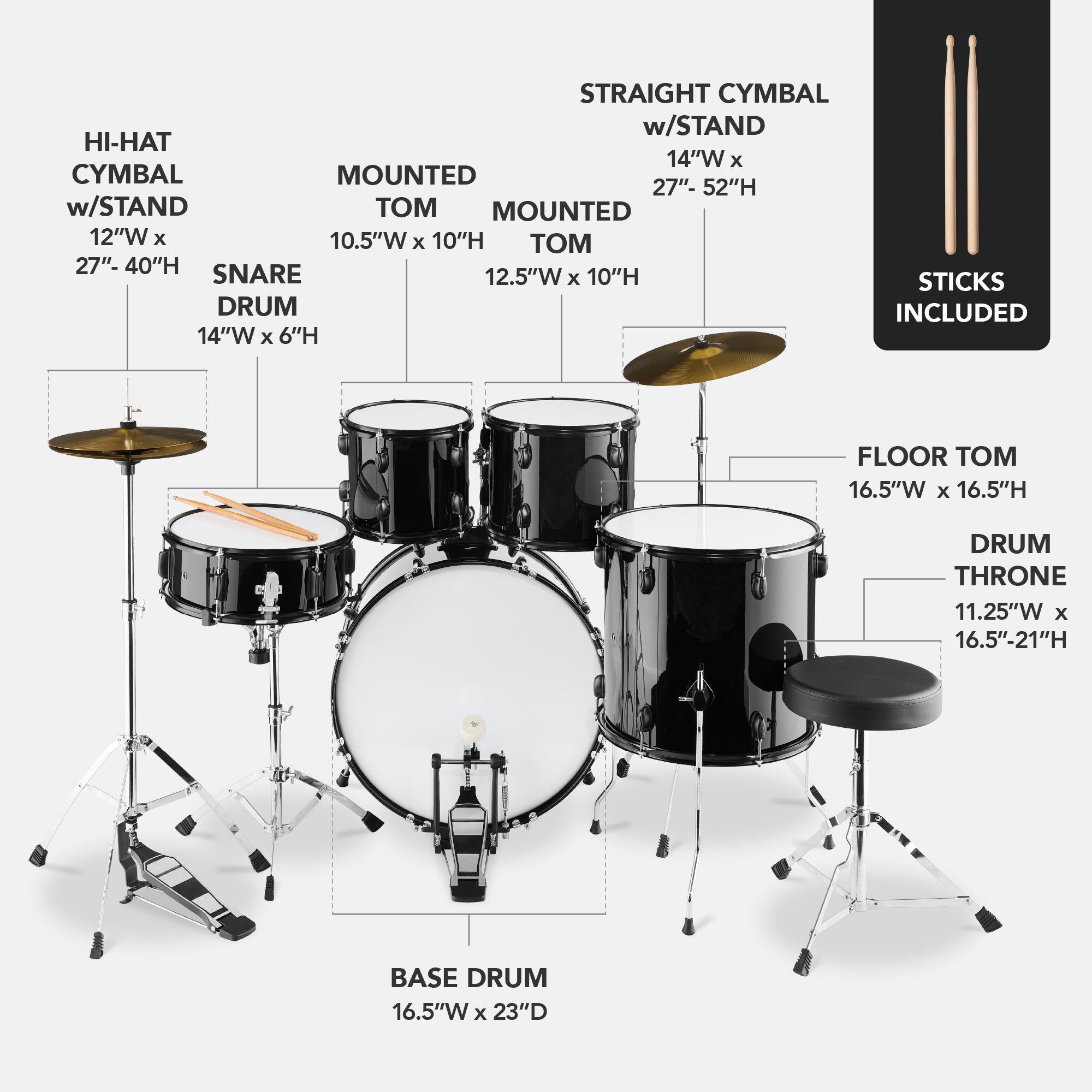 5-Piece Full Size Drum Set For Adults for kids' music practice and creative learning