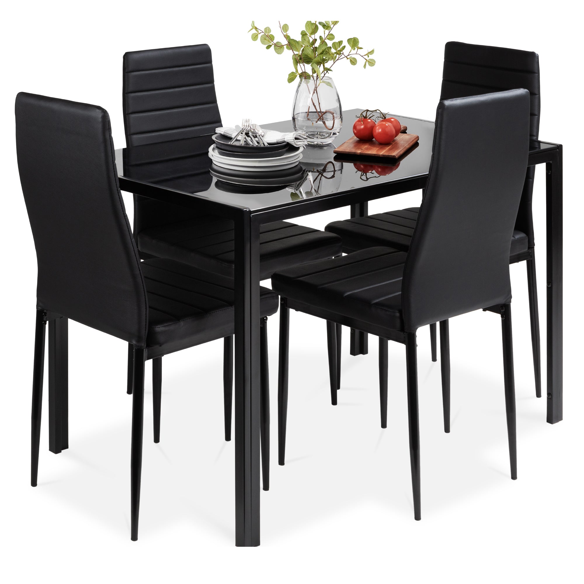 5-Piece Dining Table Set with Glass Top Leather Chairs with practical style for home spaces