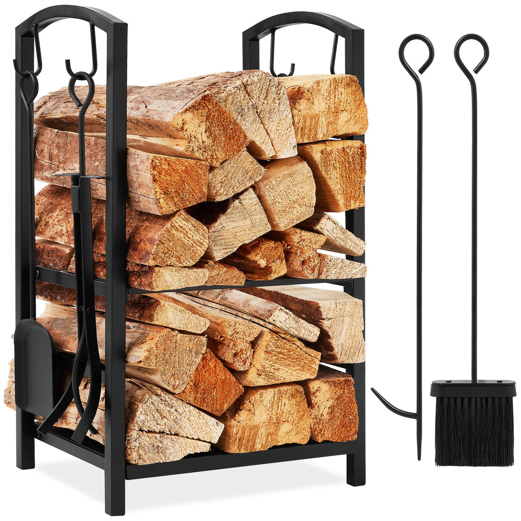 5-Piece Firewood Log Rack Holder Tools Set with Hook Broom Shovel Tongs with practical everyday features