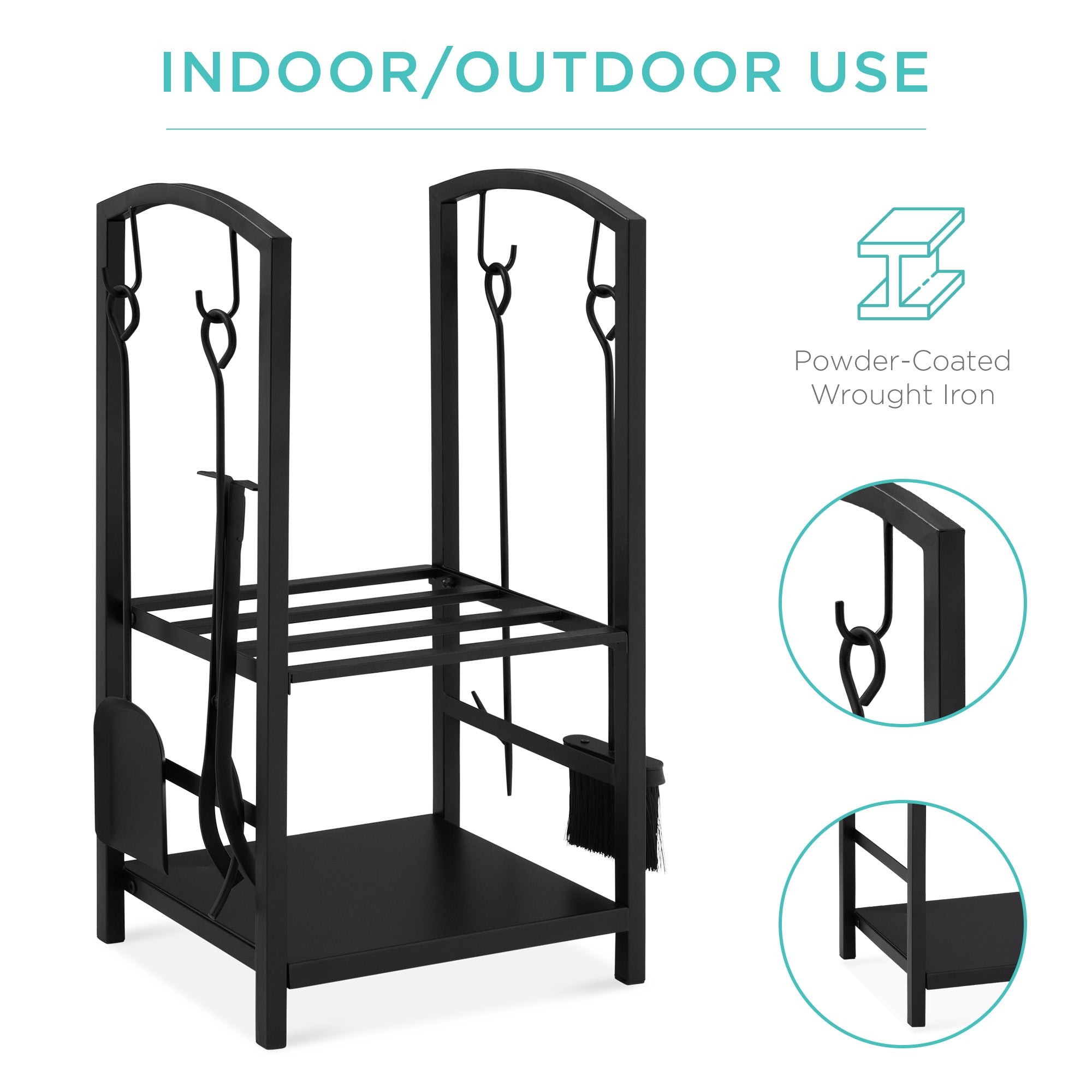5-Piece Firewood Log Rack Holder Tools Set with Hook Broom Shovel Tongs with practical everyday features
