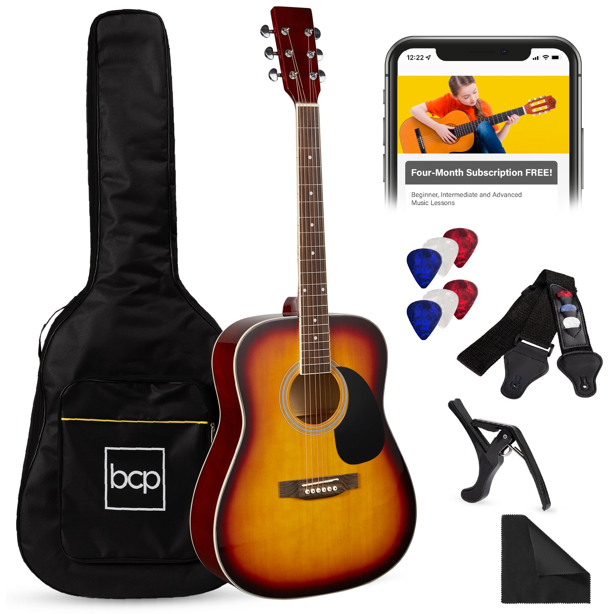 41in Acoustic Guitar Starter Kit with Digital Tuner Padded Case Picks Strap for simple setup and everyday use