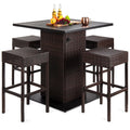 5-Piece Wicker Bar Set with 4 Stools Built-In Bottle Opener Hidden Storage designed for patio, backyard, and outdoor living