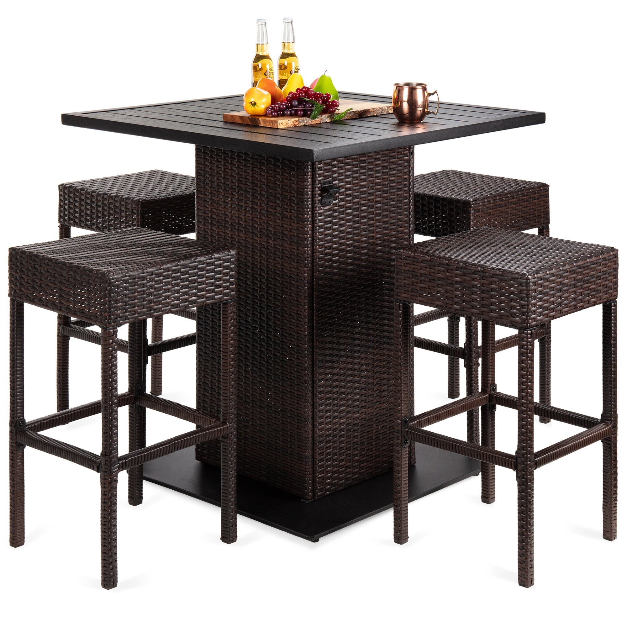 5-Piece Wicker Bar Set with 4 Stools Built-In Bottle Opener Hidden Storage designed for patio, backyard, and outdoor living