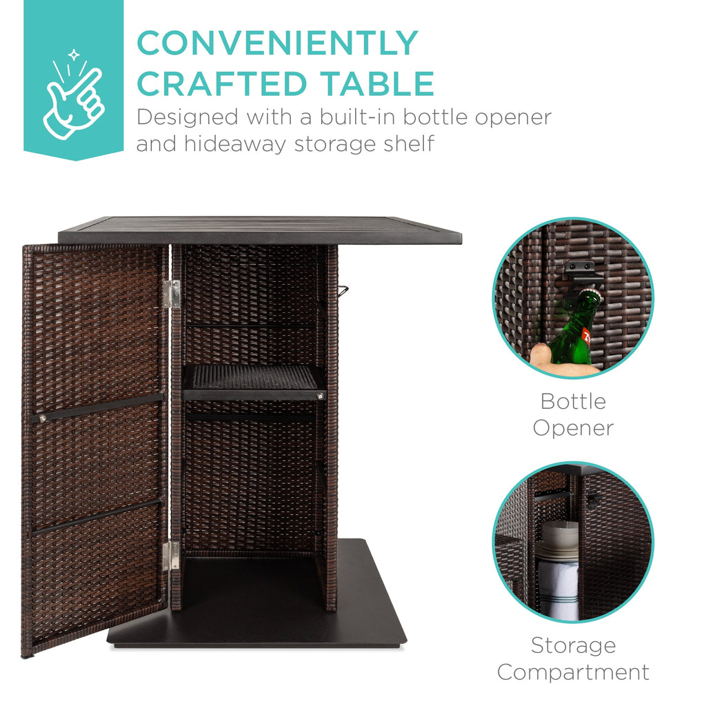 5-Piece Wicker Bar Set with 4 Stools Built-In Bottle Opener Hidden Storage designed for patio, backyard, and outdoor living