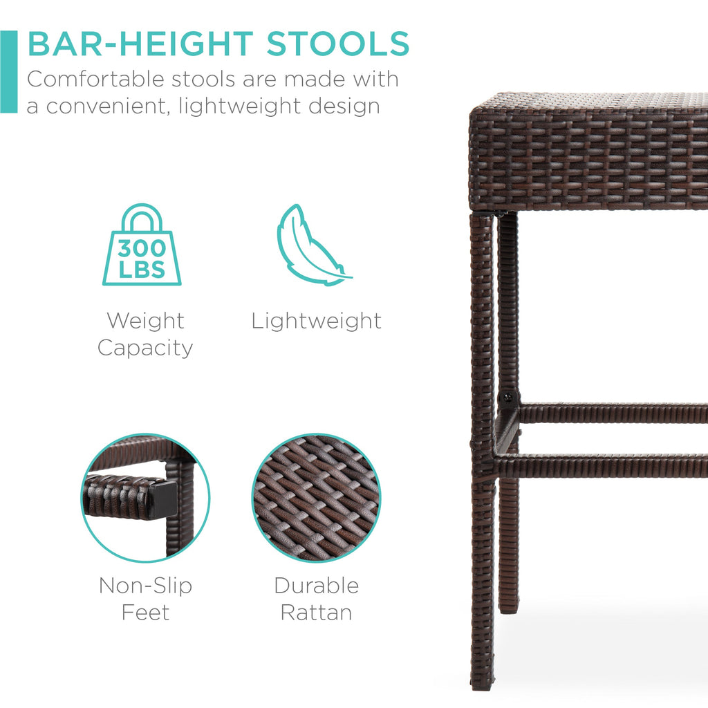 5-Piece Wicker Bar Set with 4 Stools Built-In Bottle Opener Hidden Storage designed for patio, backyard, and outdoor living