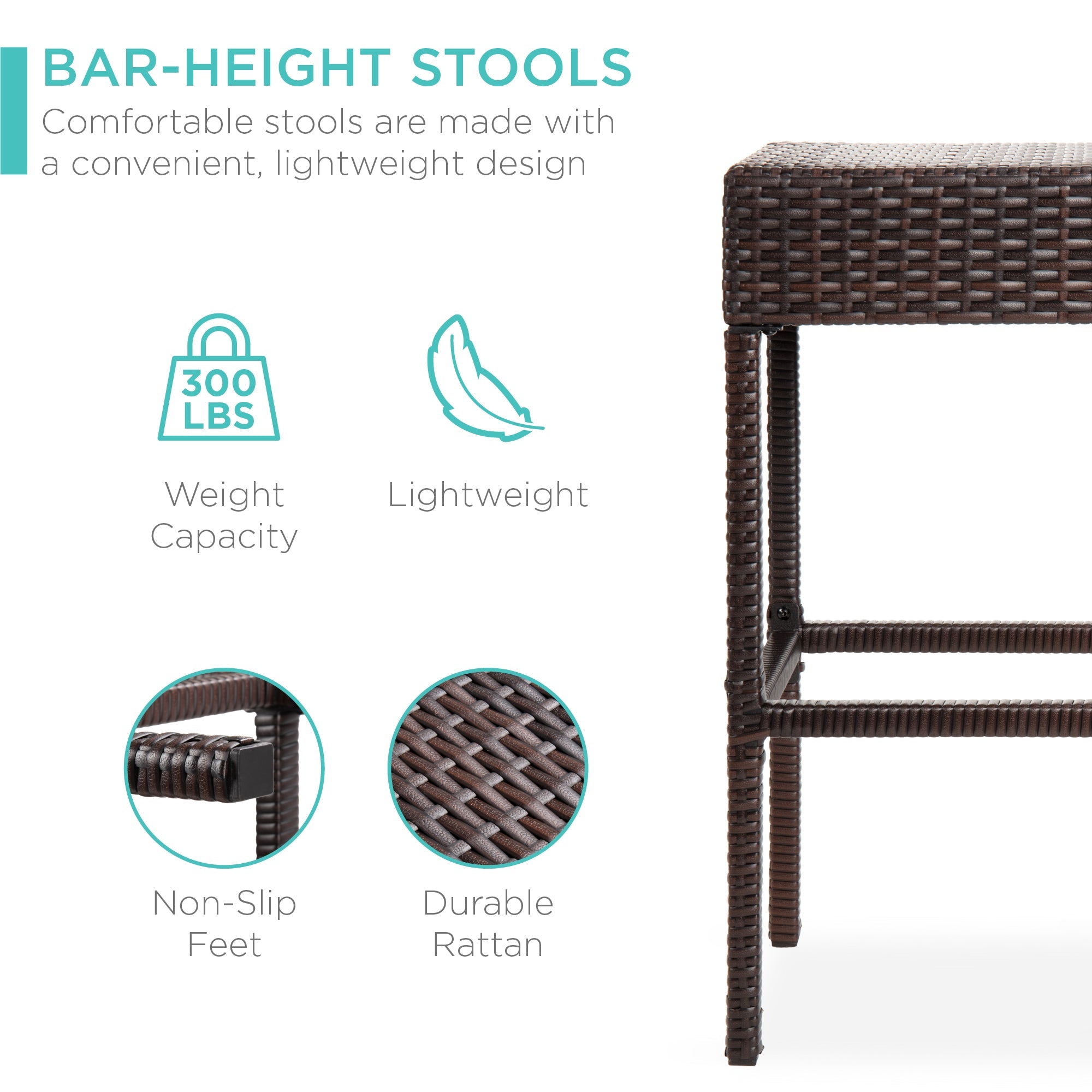 5-Piece Wicker Bar Set with 4 Stools Built-In Bottle Opener Hidden Storage designed for patio, backyard, and outdoor living