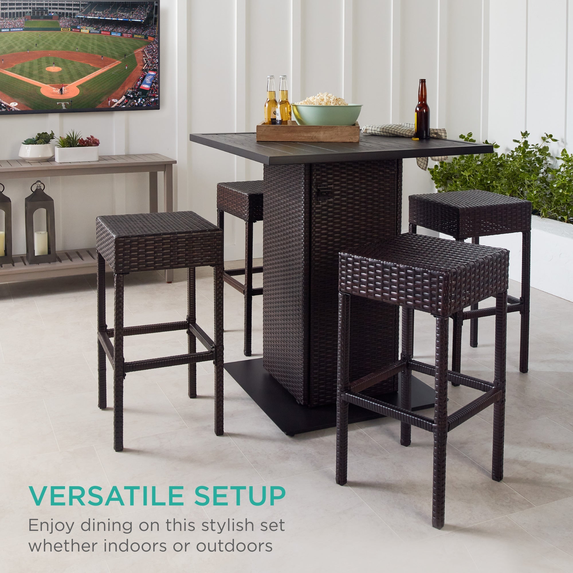 5-Piece Wicker Bar Set with 4 Stools Built-In Bottle Opener Hidden Storage designed for patio, backyard, and outdoor living