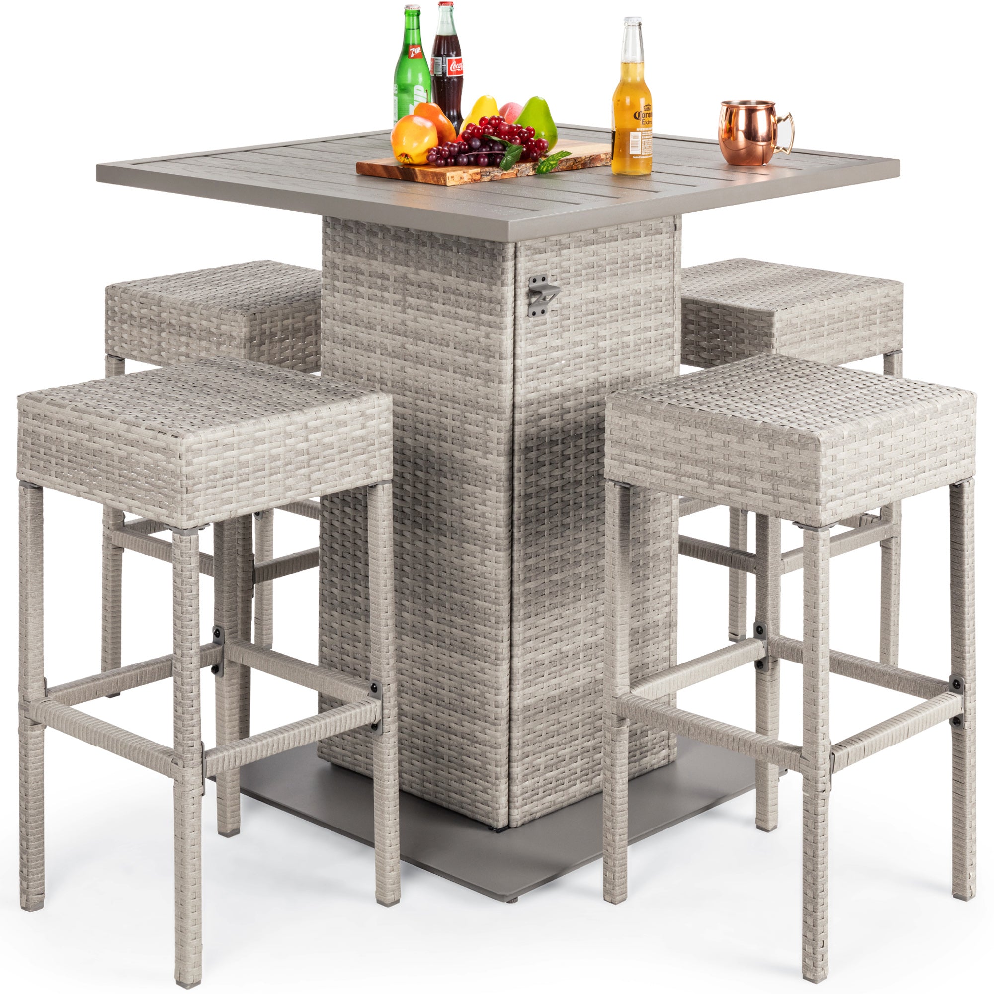 5-Piece Wicker Bar Set with 4 Stools Built-In Bottle Opener Hidden Storage designed for patio, backyard, and outdoor living