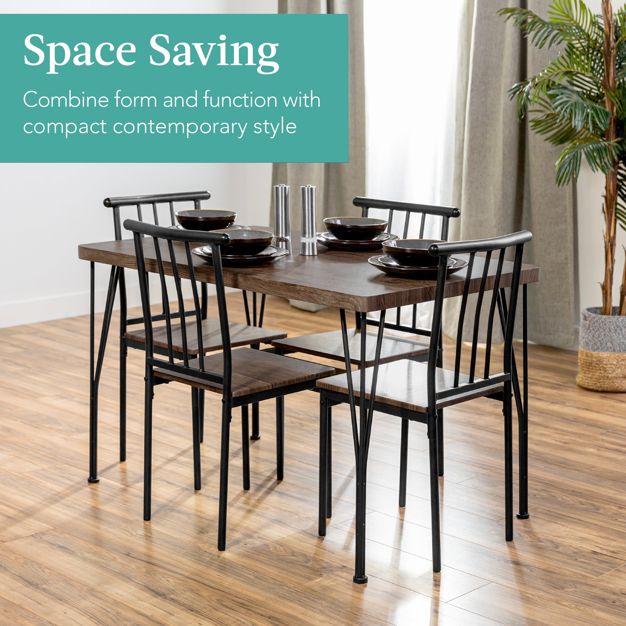 5-Piece Modern Metal and Wood Dining Table Furniture Set with 4 Chairs designed for everyday comfort and storage
