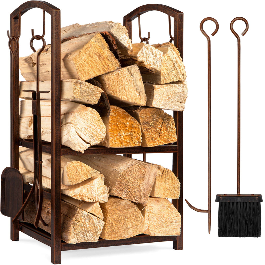 5-Piece Firewood Log Rack Holder Tools Set with Hook Broom Shovel Tongs with practical everyday features