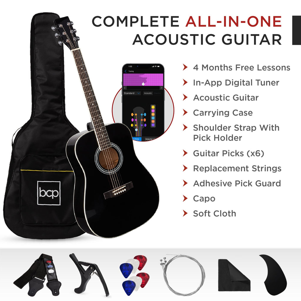 41in Acoustic Guitar Starter Kit with Digital Tuner Padded Case Picks Strap for simple setup and everyday use