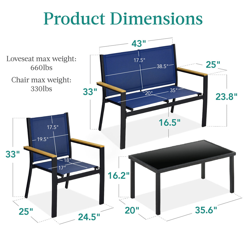 4-Piece Textilene Outdoor Conversation Set with Cushions Table designed for patio and backyard use