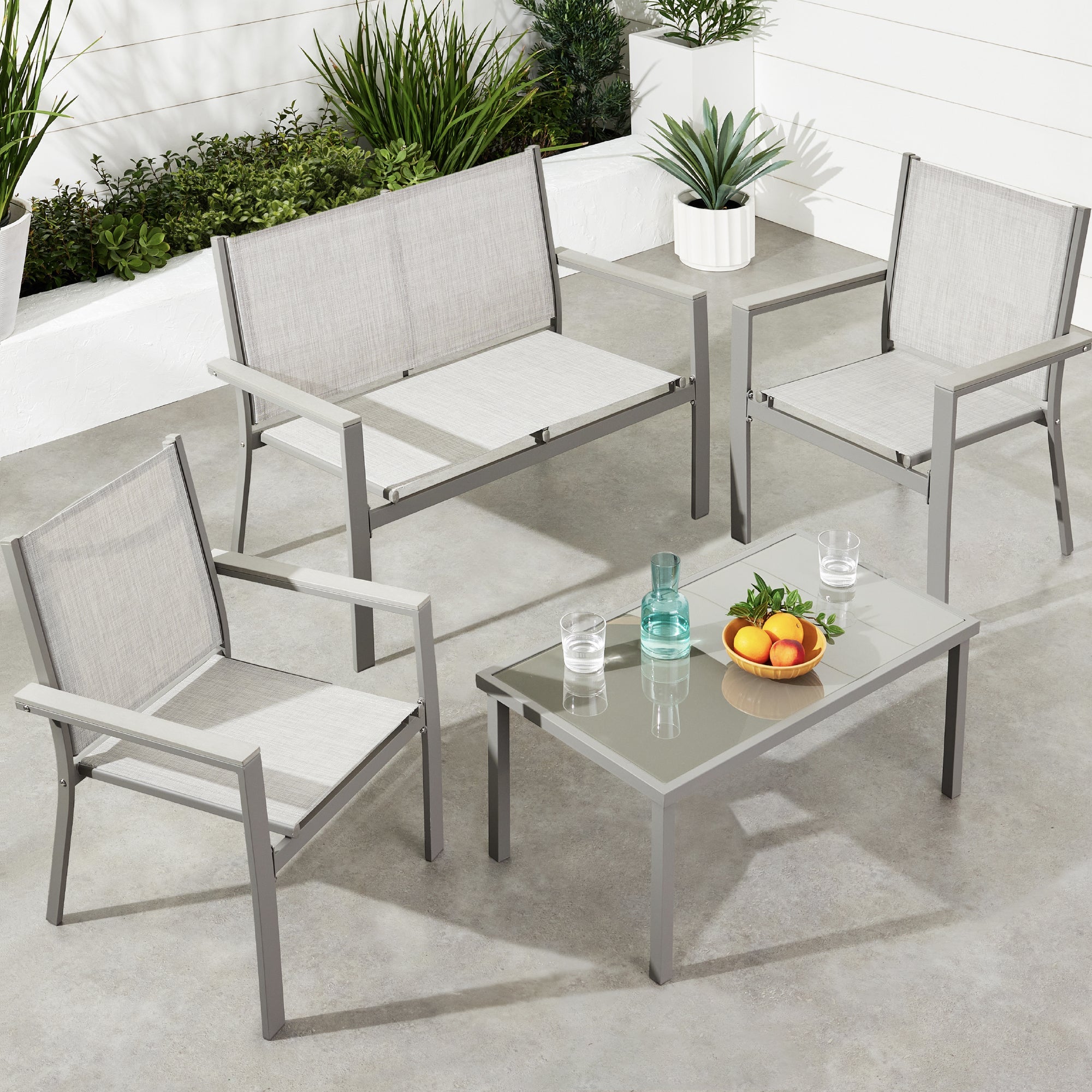 4-Piece Textilene Outdoor Conversation Set with Cushions Table designed for patio and backyard use