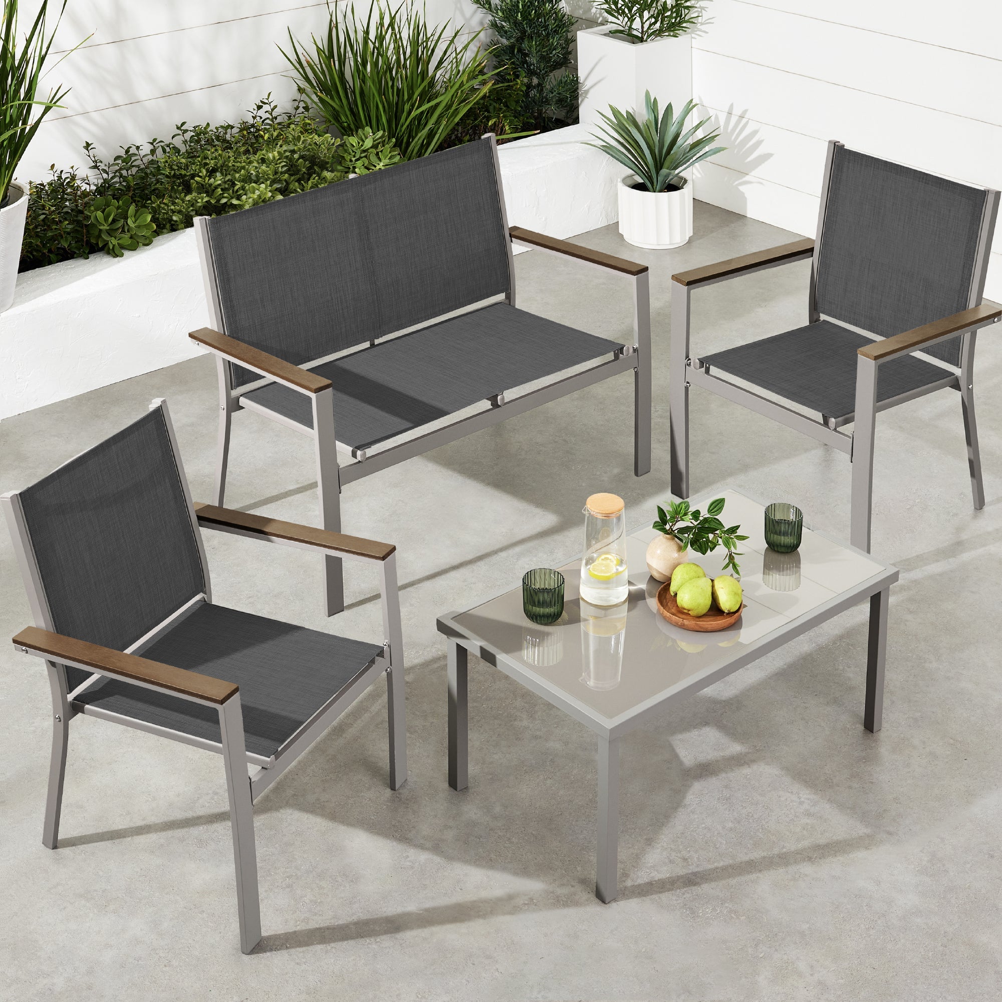 4-Piece Textilene Outdoor Conversation Set with Cushions Table designed for patio and backyard use