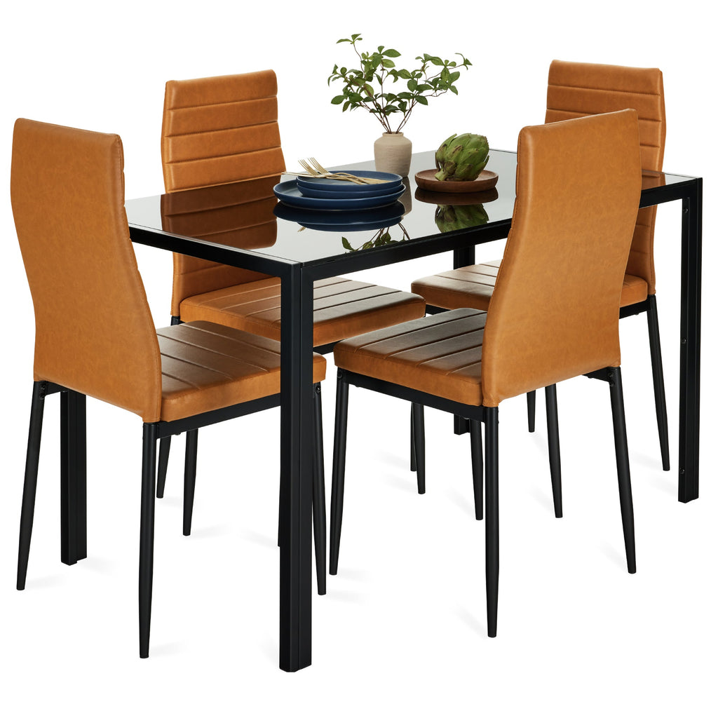 5-Piece Dining Table Set with Glass Top Leather Chairs with practical style for home spaces