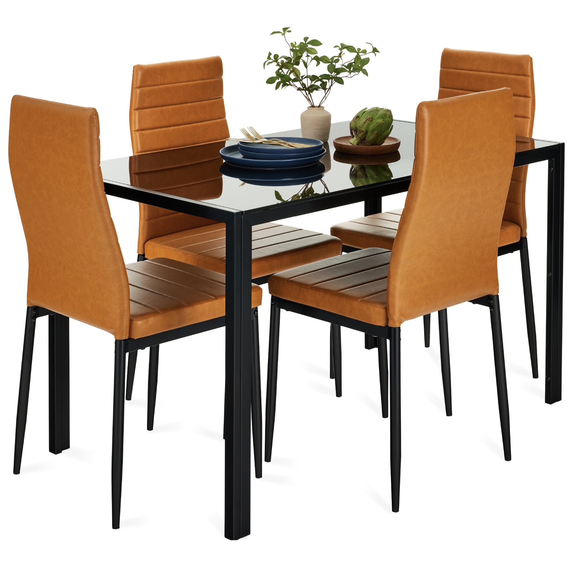 5-Piece Dining Table Set with Glass Top Leather Chairs with practical style for home spaces