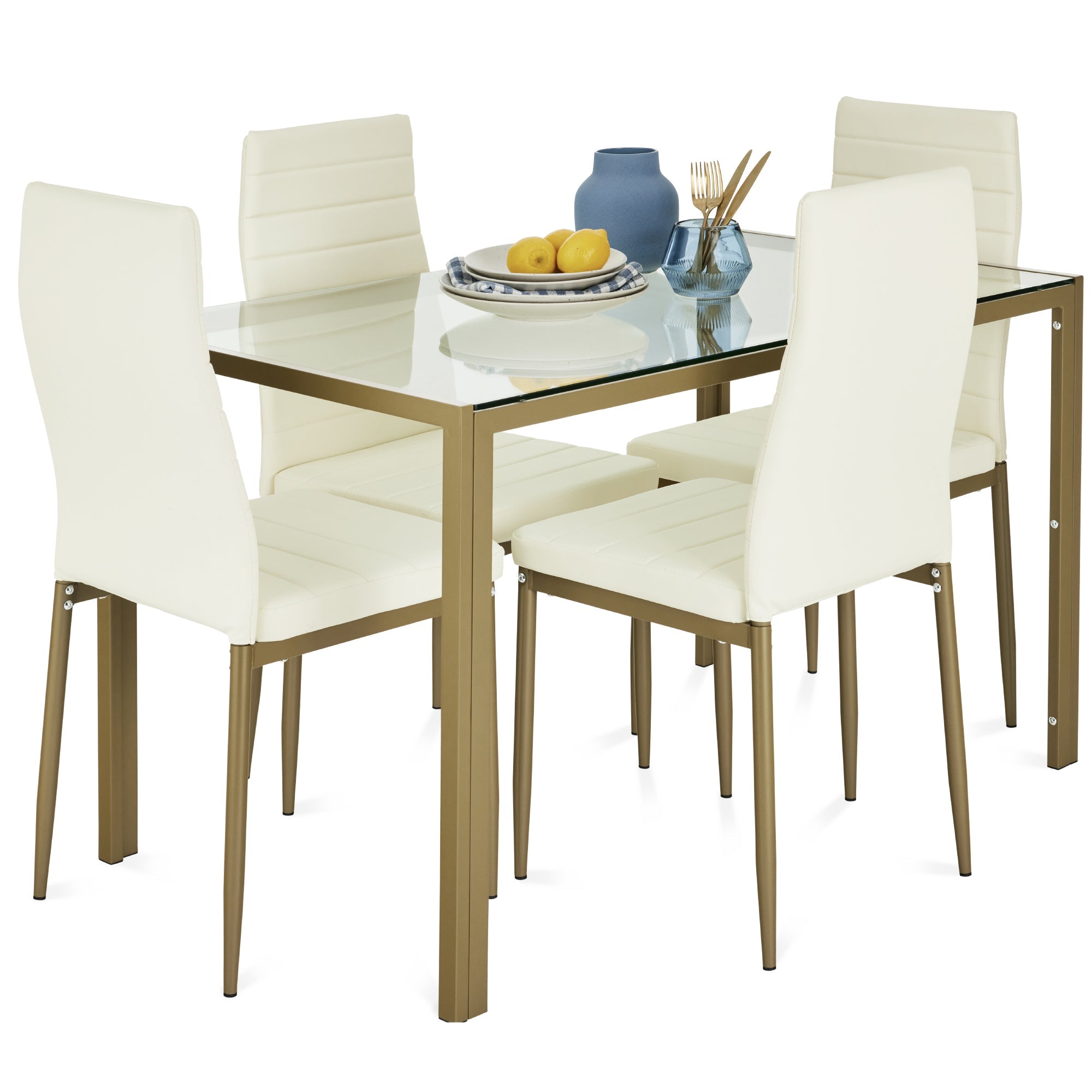 5-Piece Dining Table Set with Glass Top Leather Chairs with practical style for home spaces